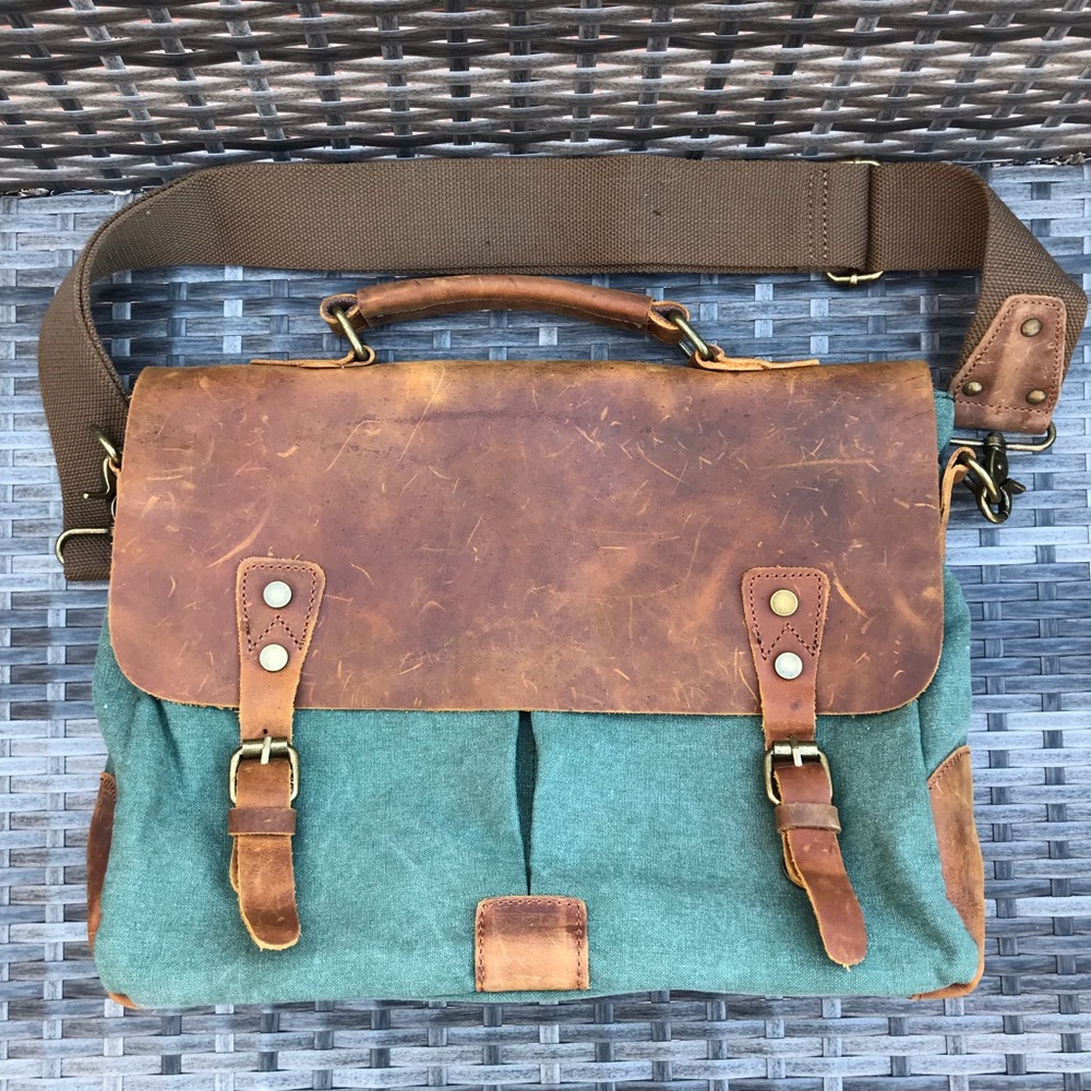 Leather And Canvas Messenger Bag Purse Laptop Bag
